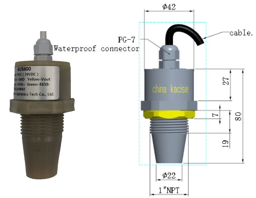 Công suất thấp 3,3V đầu vào IP68 chống nước phạm vi phát hiện 5m Cảm biến mực nước siêu âm KUS600B với đầu ra RS485